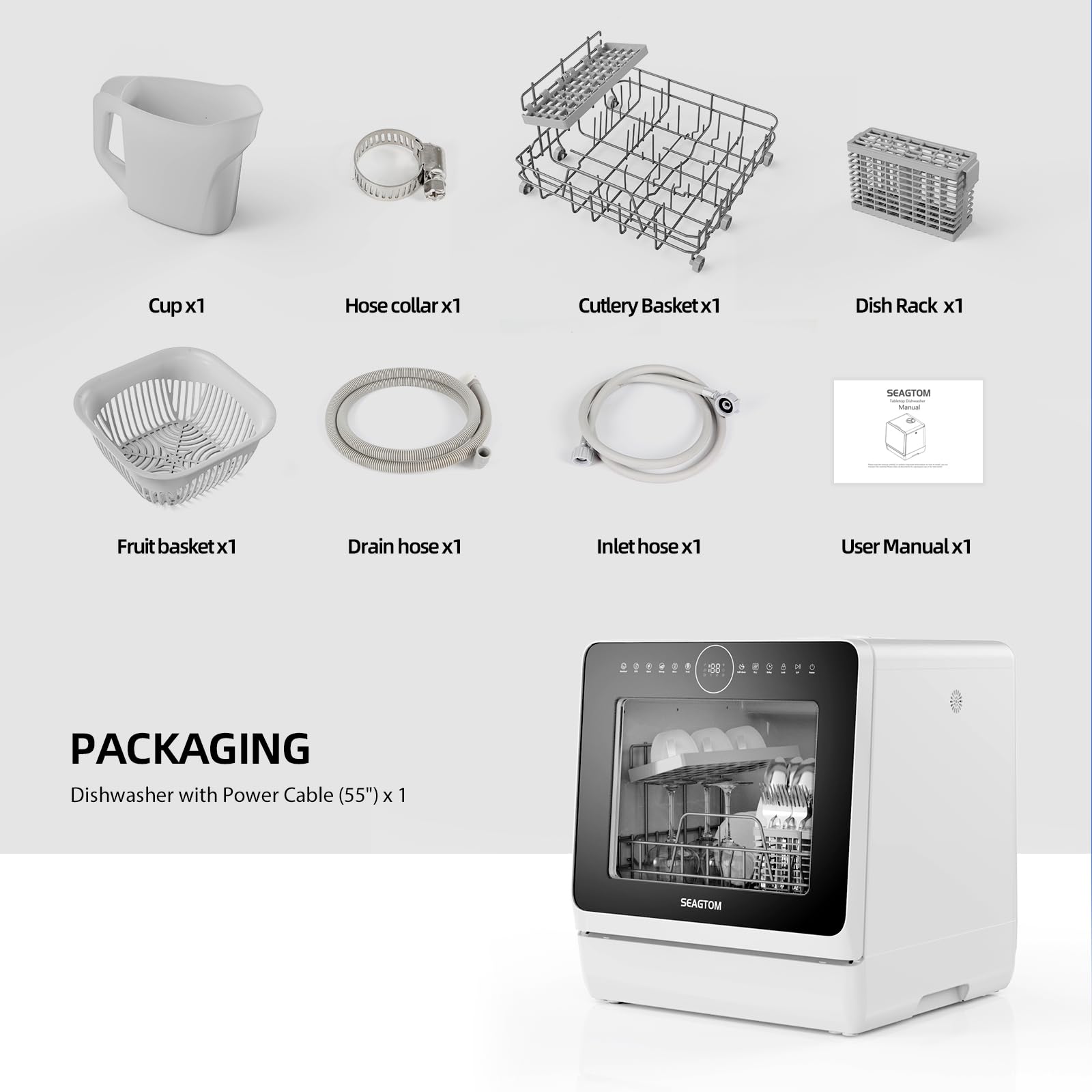 SEAGTOM Portable Dishwashers for Camping and Home with 5l Water Tank, Hose, LED Light, 10 Wash Programs, Baby Care Mode, Dual Water Supply and 1h Hot Air Drying