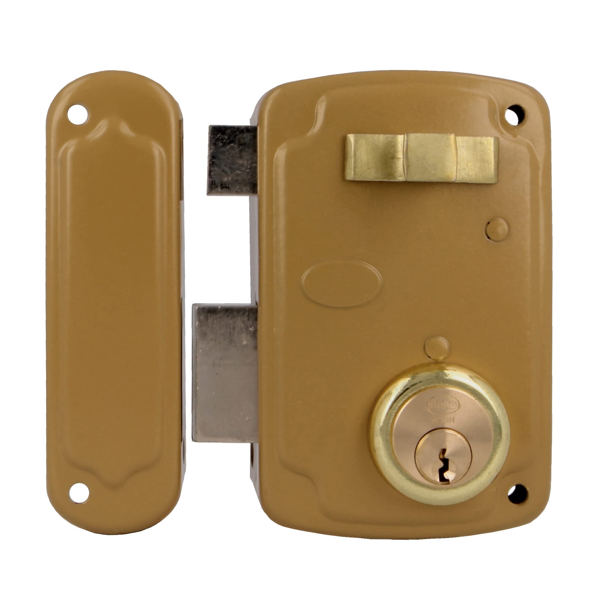 Amig - Left Overlap Lock with Locking Lever, Tongue and Handle for Wooden Doors Model 75U | 76 x 120 mm | Round Security Cylinder | Gold Steel