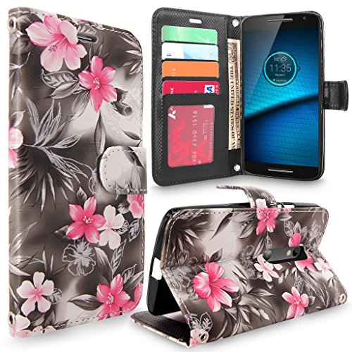 Droid Maxx 2 Case, Moto X Play Case, Cellularvilla [Stand Feature] [Card Slots] Premium Pu Leather Flip Wallet Case Cover For Motorola Droid Maxx 2 XT1565 / Moto X PLAY XT1562 (Black Pink Flower)