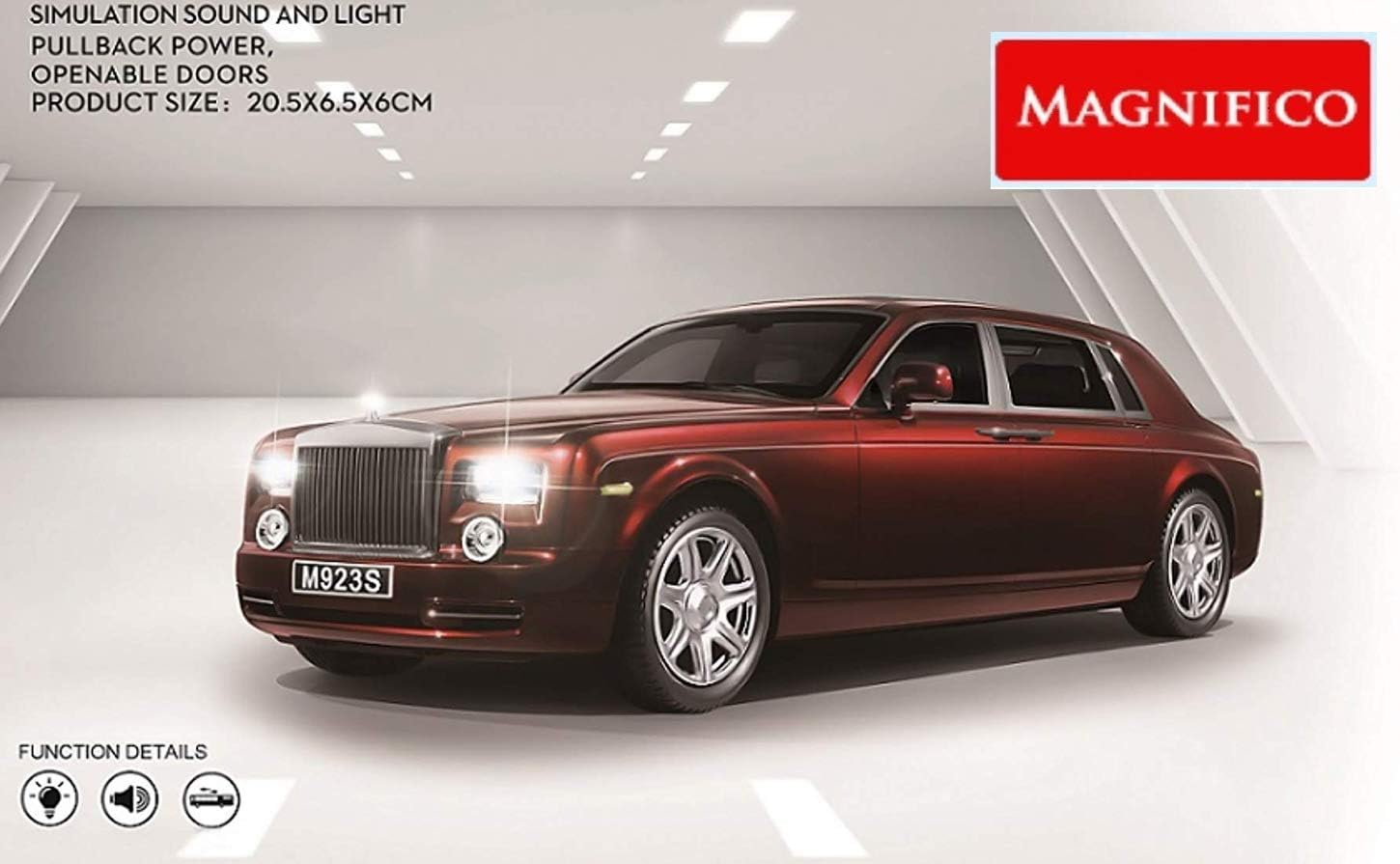 Magnifico Die-Cast Metal Body 1:24 Scale Pull Back Toy Car with Simulation Sound & Blinking Lights (Rolls Royce Phantom Maroon)