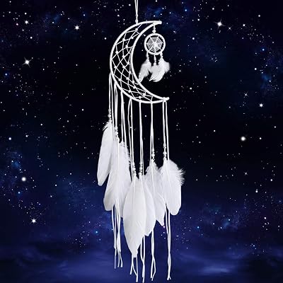 Dremisland Handmade White Dream Catcher Moon Design with Feathers 24 inch