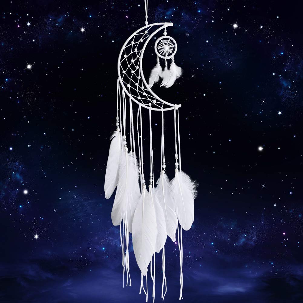 Dremisland White Dream Catcher Handmade Moon Design with Feathers Indian Dreamcatcher Wall Hanging Home Decoration Ornament Festival Craft Gift