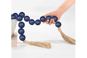 OMISHE 76" Long Large Wood Bead Garland Navy Blue with 1.6" Diameter Wooden Beads and Tassels, Rustic Farmhouse Country Wood Beads Garland for Home Decor, Decorative Beads with Tassels Navy Blue