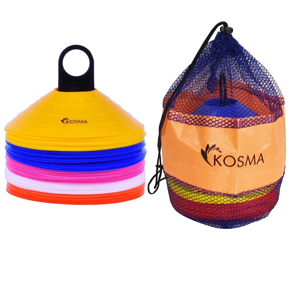 Kosma Pack of 50 Multi Sports Training Space Marker Cone Set with Carry Stand | Agility Training Cones - (10 Pc Each of Yellow, Blue, Pink, White, Orange)