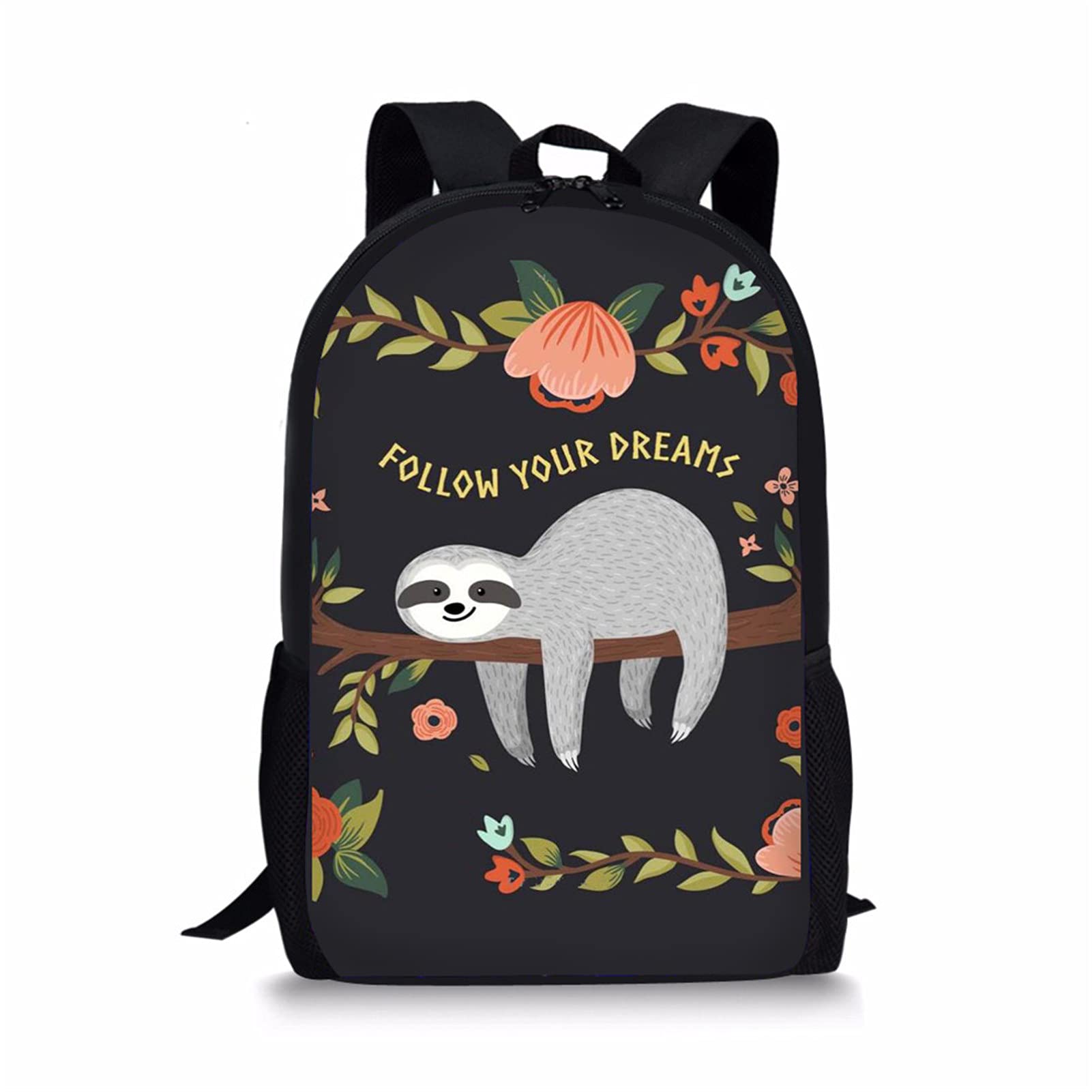 Showudesigns Children Schoolbag Kids Bookbag Floral Sloth "Follow Your Dreams" Girls Boys School Backpack Zipper