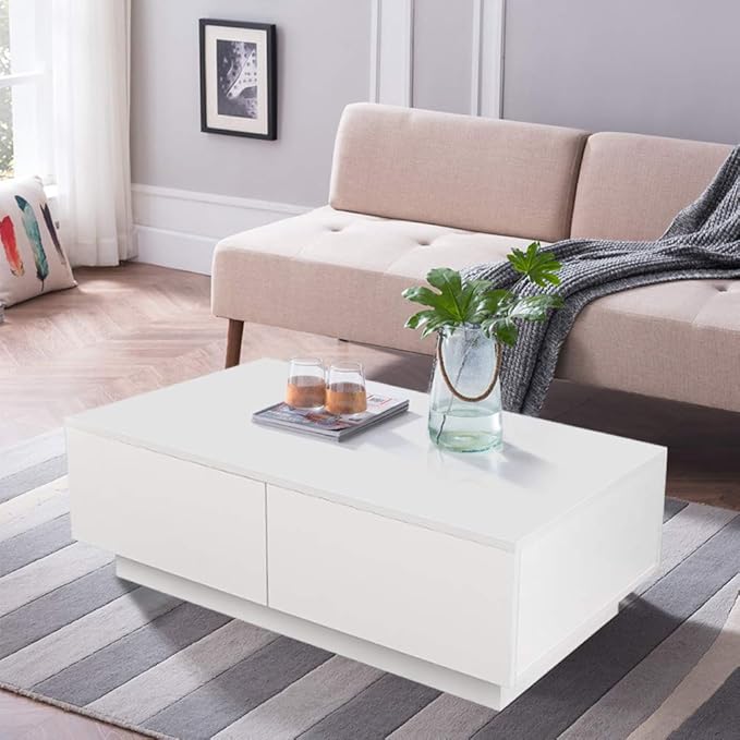 Coffee Table, Living Room Table, High Gloss White with 4 Drawers Modern