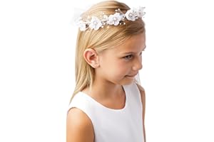 IGIRLDRESS Girls' White Pearl Rhinestone Center Floral Crown First Communion Flower Girl Head Wreath with Veil