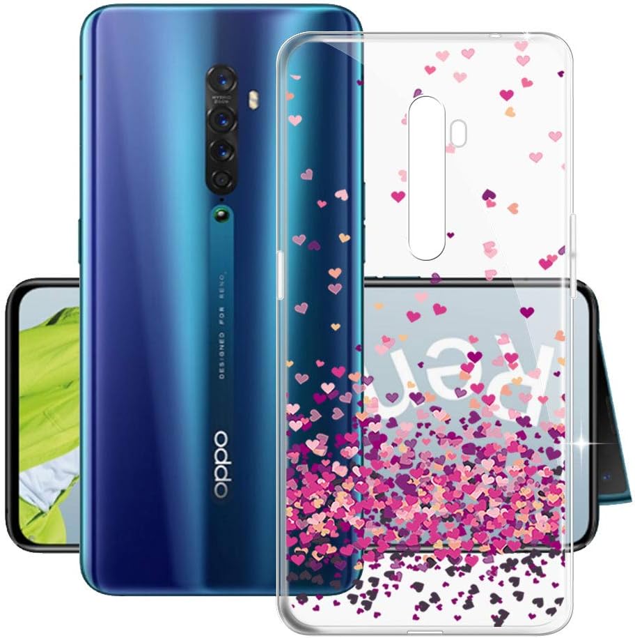 Oppo Reno 2 Case, HHUAN Shock-Absorption Flexible Soft Transparent Red Heart TPU Shell Silicone Gel Resistant Protective Case Bumper Cover for Oppo Reno 2 (6.55")