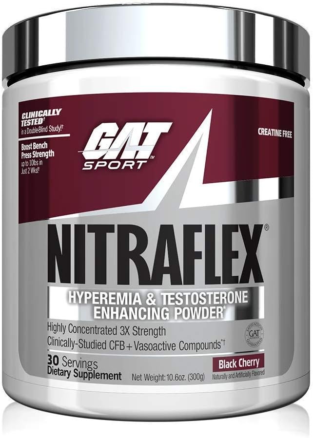 GAT Sport, NITRAFLEX Testosterone Boosting Powder, Increases Blood Flow, Boosts Strength and Energy, Improves Exercise Performance, Creatine-Free (Blue Raspberry, 30 Servings): Health & Personal Care