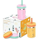 Tronco [2 Pack] 10 oz 2-in-1 Stainless Steel Kids Tumbler Cups with Silicone Sleeves, Spill-Resistant Flexible Straws & Storage Lids, BPA-Free Smoothie and Snack Cups, Dishwasher Safe