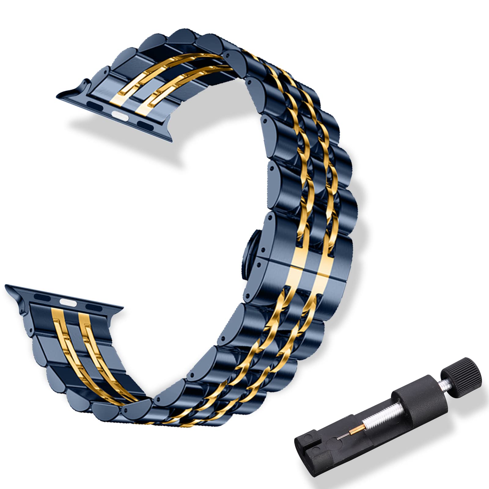 RoYiio Metal Strap for Apple Watch 42mm/44mm/45mm/46mm/49mm Strap Stainless Steel Replacement Bands for Apple Watch Ultra 3/2/1, SE 3/2/1, Series 11/10/9/8/7/6/5/4/3/2/1 - Blue Gold