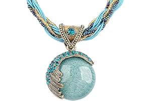 Harlorki Women Lady Handmade Retro Vintage Bohemian Style Twist Woven Rope Chain Turquoise Rhinestone Pendant Collar Necklace