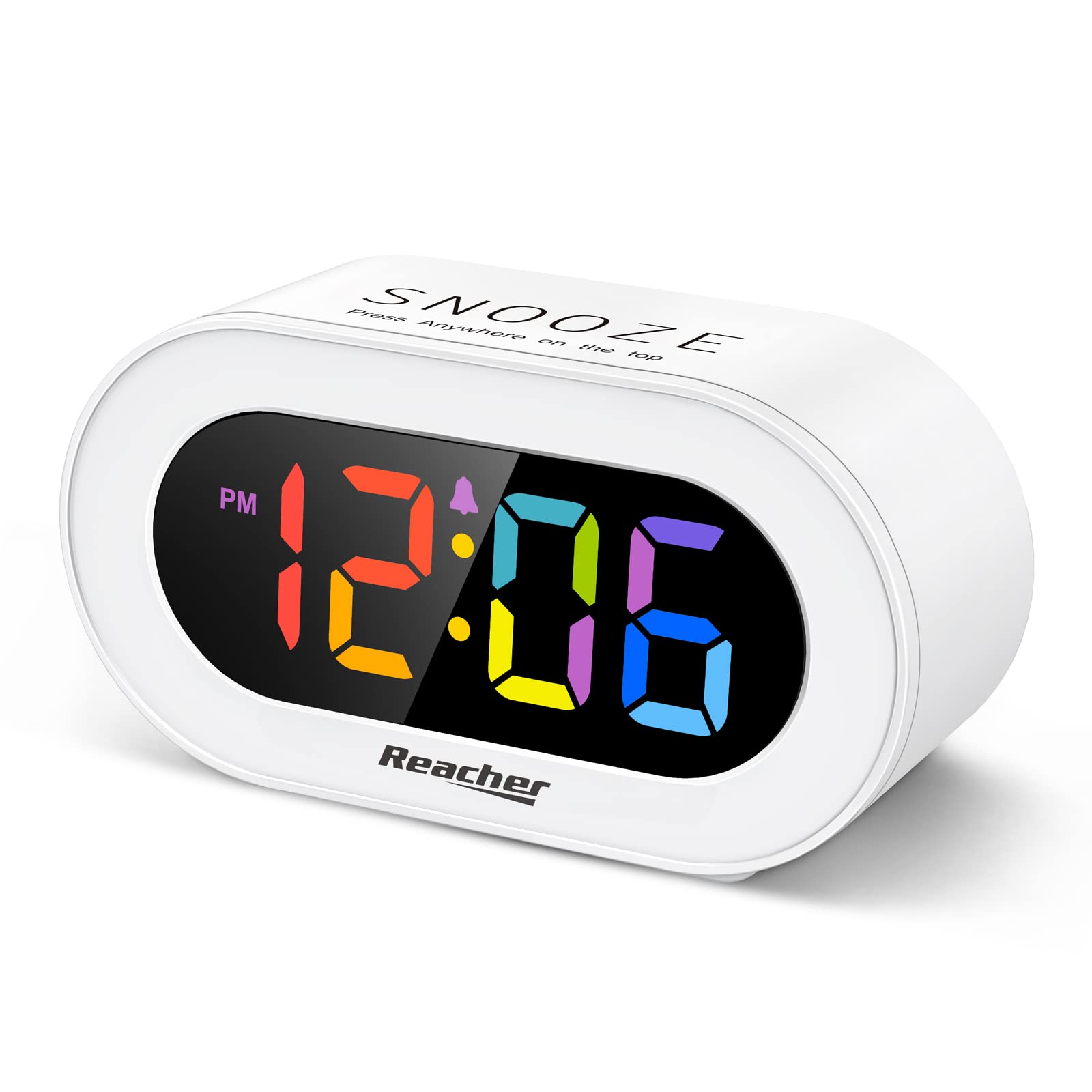 Photo 1 of REACHER Small Colorful LED Digital Alarm Clock with Snooze, Simple to Operate, Full Range Brightness Dimmer, Adjustable Alarm Volume, Outlet Powered Compact Clock for Bedrooms, Bedside, Desk, Shelf