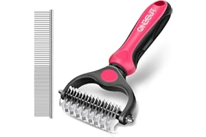 OneCut Pet Grooming Brush and Metal Comb Combo, Pet Grooming Rake and Brushes for Small, Medium & Large Dogs Double Sided Deshedding Tool Removes Knots and Tangled Hair (Red)