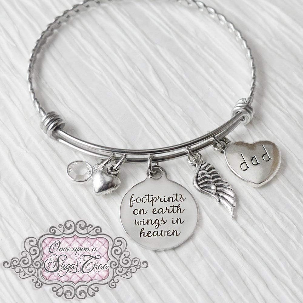 Memorial Jewelry, Footprints on earth wings in heaven Bangle Bracelet, Expandable Charm bracelet, Angel Wing, Birthstone Jewelry, Remembrance Gifts