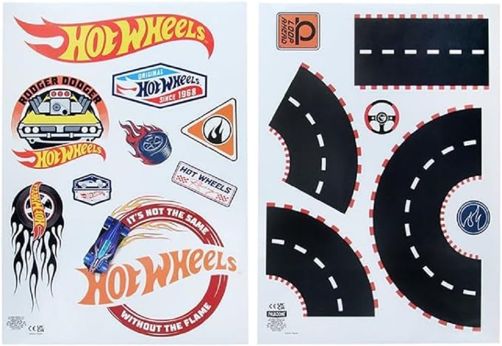 Hot Wheels Personalised Kids' Room Wall Decals - Officially Licensed Playroom Decorations, Includes Speedway Roads, Cars, Racing Flags, Letters, & Signs - Paladone