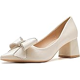 QOOEL Women's Bow Chunky Heel Dress Pumps Fashion Pointed Toe Slip-On Mid Block Heel Office Work Formal Shoes Grace Party Prom Bridal Shoes