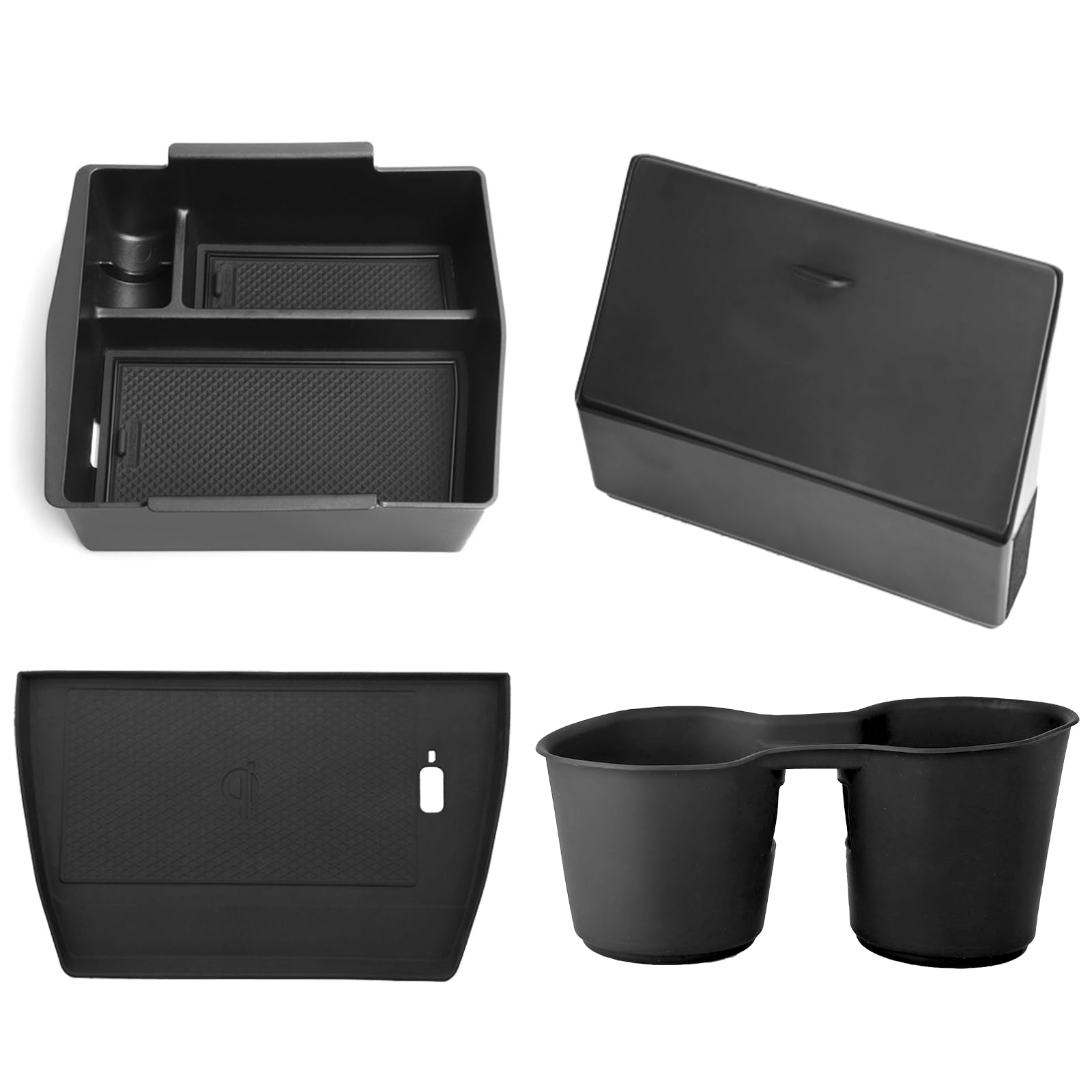 Photo 1 of Upgraded Center Console Organizer for Subaru Forester Accessories 2025, Armrest Storage Box + Silicone Cup Holder + Hidden Box + Wireless Charging Protective Pad with Non-Slip Mat 4Pcs Set, Black