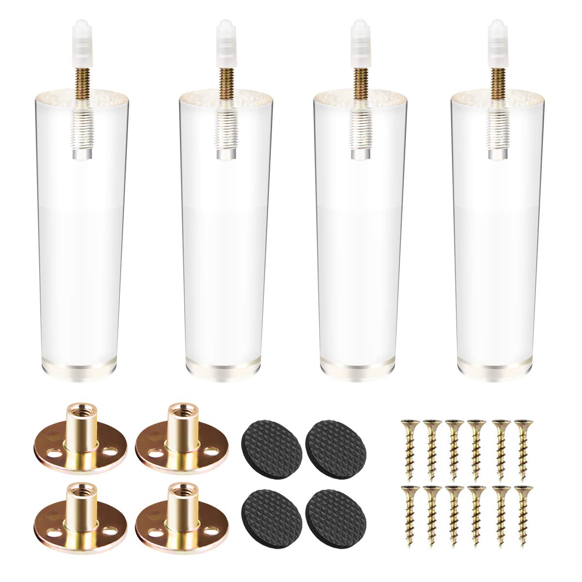 Btowin 15 cm Acrylic Furniture Feet, Pack of 4 Conical Glass Clear Table Legs, Furniture Legs with Pre-Drilled M8 5/16 Inch Bolts & Mounting Plates & Screws for Cupboard, Sofa, Bed, Coffee Table