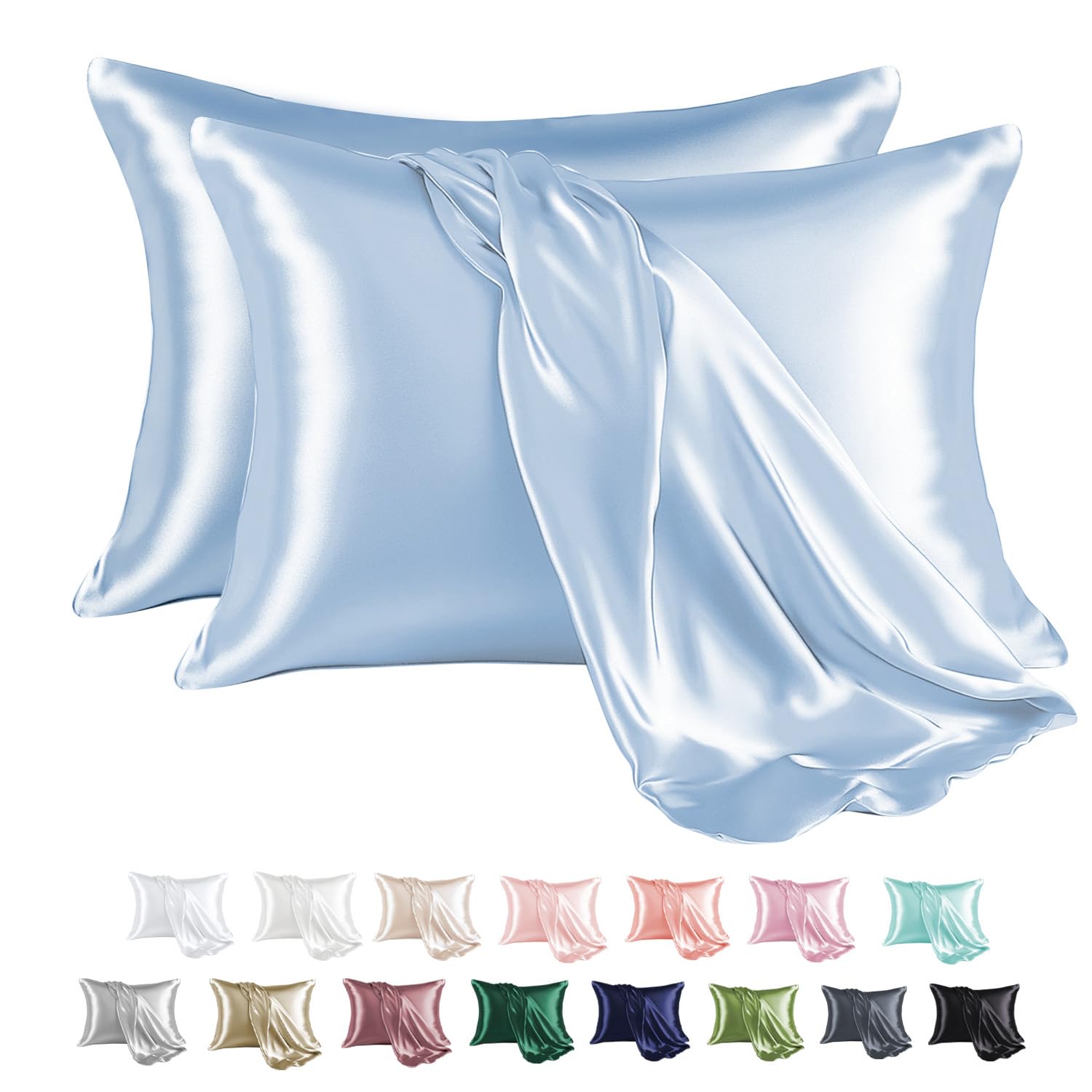 Photo 1 of MR&HM Satin Pillowcase for Hair and Skin, Silk Satin Pillowcase 2 Pack, Standard Size Pillow Cases Set of 2, Silky Pillow Cover with Envelope Closure (20x26, Light Blue)