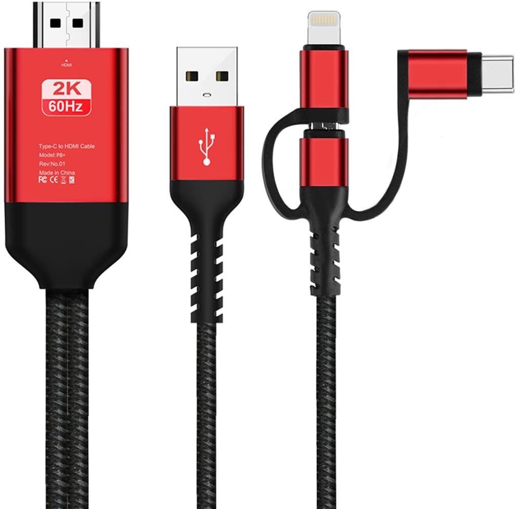3 in 1 HDMI Adapter Cable, Lighting/Type-C/Micro USB to HDMI Cable Digital Audio Mirror Mobile Phone Screen to TV Projector Monitor 1080P HDTV Adapter for iOS and Android Devices 2.0m/6.5FT (Red)
