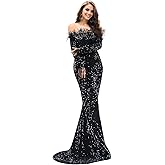 Jamille Sparkly Sequin Prom Dresses for Women Long Sleeve Mermaid Evening Gown for Women Formal Feather Off Shoulder JA0187