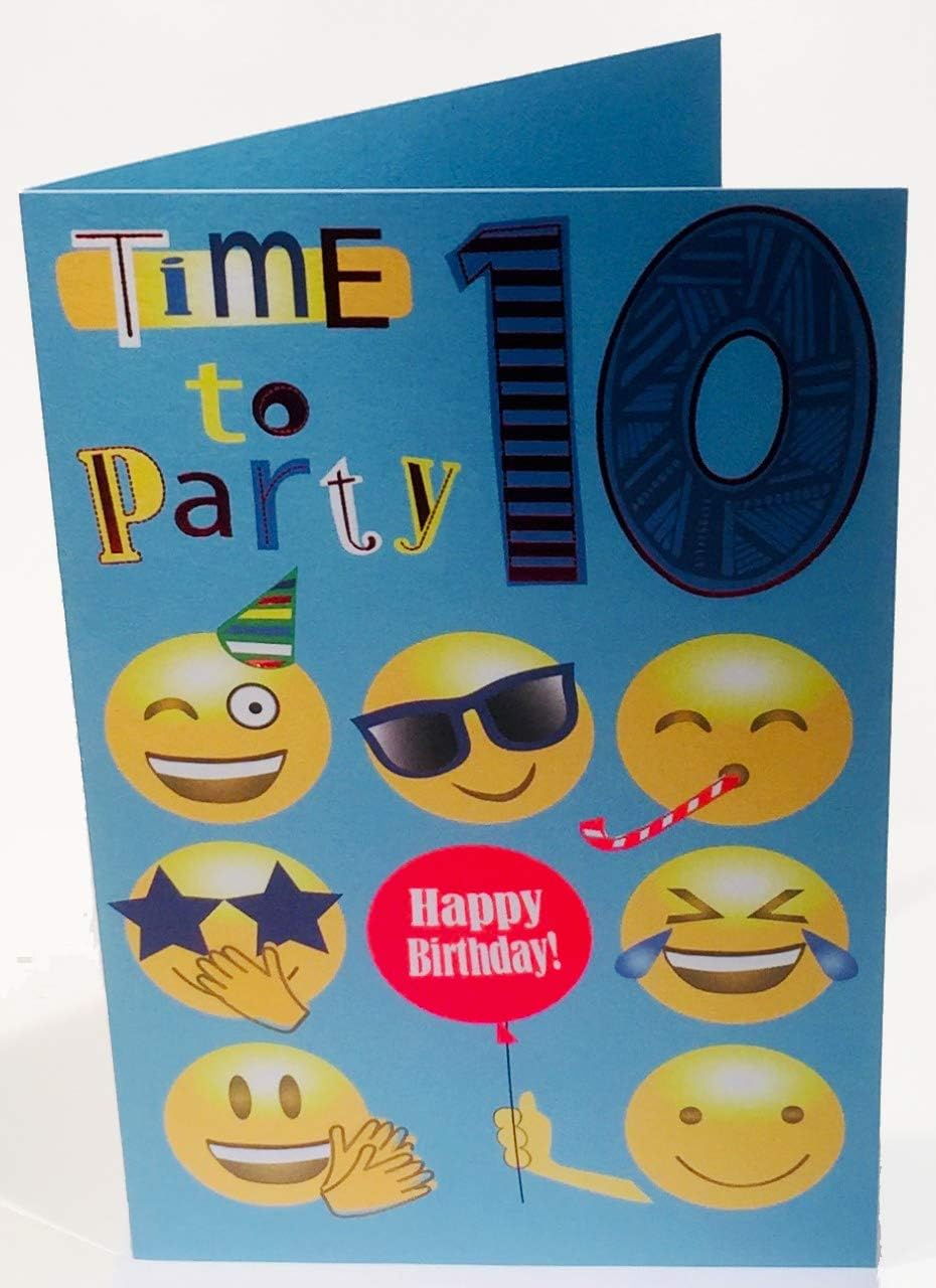 Cherry Orchard Boy Age 10 Time To Party Happy Birthday Card - Smiley Faces, red|blue|white|gold