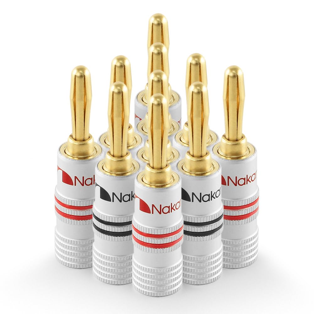 Nakamichi Excel Series 24k Gold Plated Banana Plugs 12 AWG - 18 AWG Gauge Size 4mm for Speakers Amplifier Hi-Fi AV Receiver Stereo Home Theatre Audio Wire Cable Screws Connector 10 Pcs (5-Pairs)