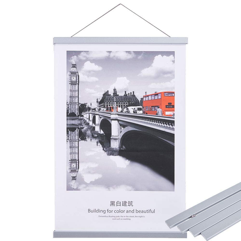 A2 Poster Frame Frames 42x59, Magnetic Light Wood Wooden Poster Hangers Hanger Hanging Kit for Canvas Artwork Art Print (42cm / 16.5", Silver)