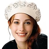 LADYBRO Rhinestone Beret Hats for Women 2 Layers Wool French Knit Cap Lady Winter Black