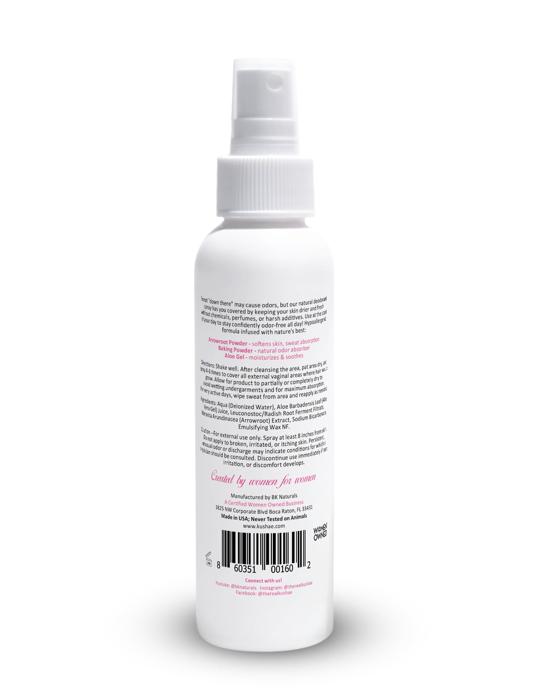 Kushae Natural Feminine Deodorant Spray for Women, All Natural, Unscented and Fragrance Free, Refreshing Control for Odor and Dryness, 4 oz