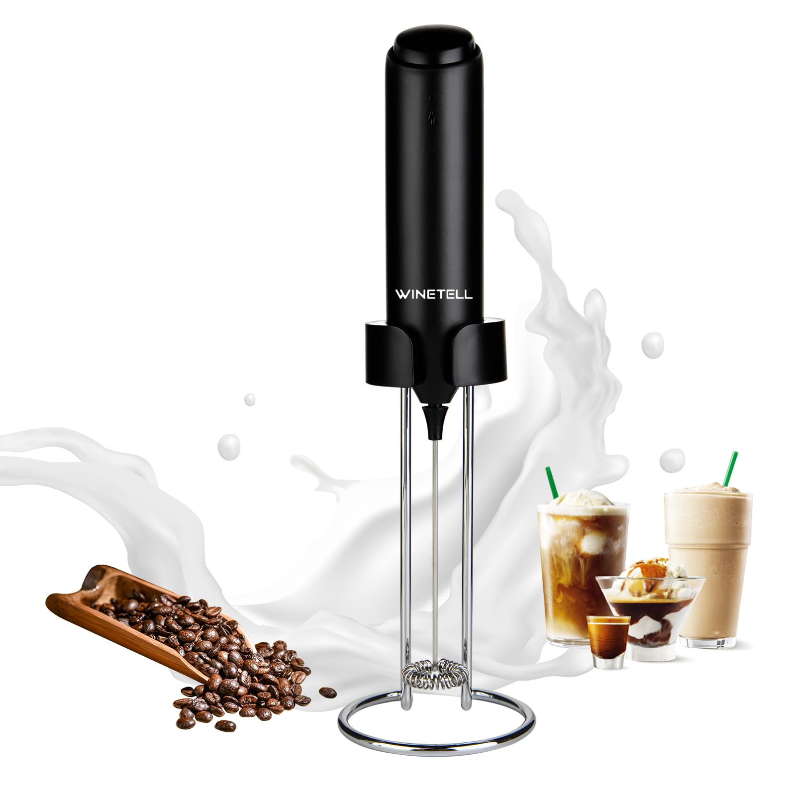 WINETELL Rechargeable Electric Milk Frother Handheld, Coffee Frother with USB C Charging Stand, Powerful Frother Wand Whisk, Drink Mixer for Lattes, Hot Chocolate, Matcha, etc