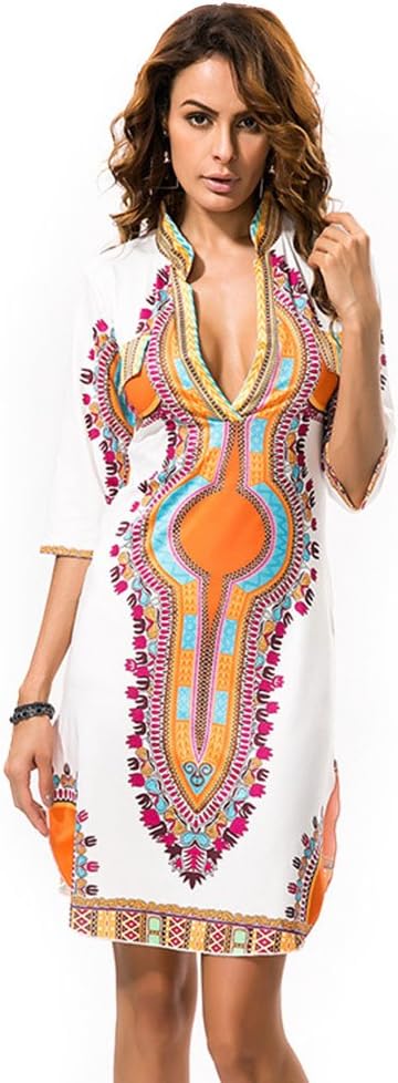 DH APPLE Women's Bohemian V Neck Vintage Printed Ethnic Style Summer Shift Dress