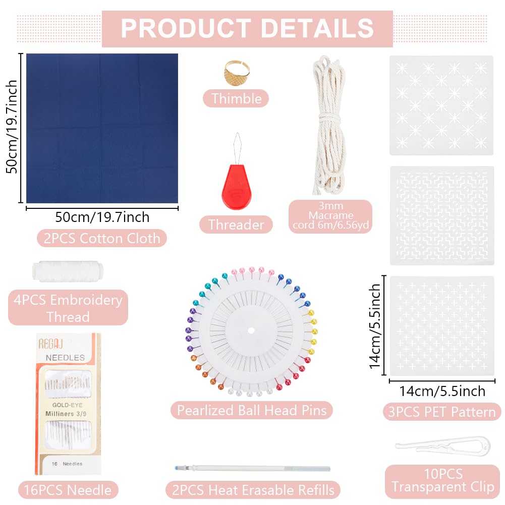 INFUNLY 3 Set Sashiko Drawstring Bag Kits Sashiko DIY Tote Bag Kit Flower Sashiko Fabric Kit for Beginners Make Your Own Tote Bag with Thread Needles Hand Sewing Set for Adults