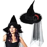 Halloween Witch Hat Rose Veil Lace Hat Hallowen Witch Costume Accessories Black Cap Cosplay Holiday Carnivals DIY Decoration