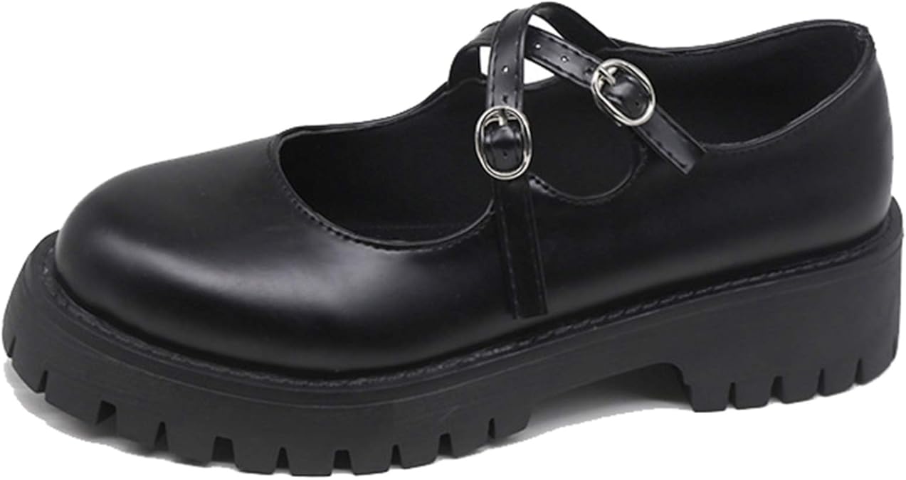 Women Mary Jane Shoes Retro Double Buckle Strap Leather Shoes Durable