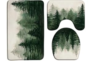 ZNLSU 3 Piece Misty Forest Bath Mat Green Watercolor Pine Trees Abstract Foggy Jungle Mountain Rustic Nature Scenery Landscape Bathroom Rug Sets,17.8"x29.5"Bath Mat,Toilet Seat Cover, U-Shaped Toilet