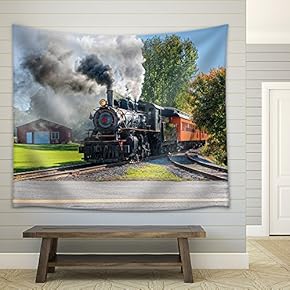 Old Vintage Steam Engine Arriving at The Train Depot - Fabric Wall Tapestry Home Decor - 51x60 inches