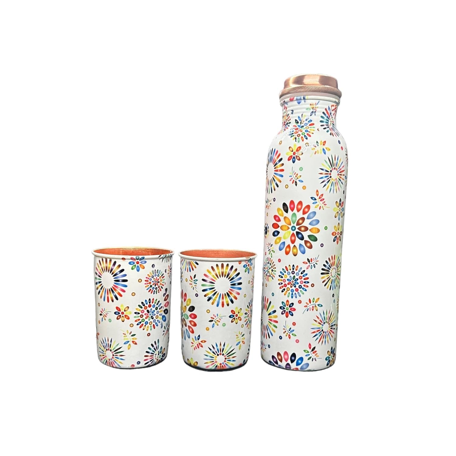 100% Pure Copper White Flower Printed Water Bottle With 2 Glass for Drinking – Large Handcrafted Ayurvedic Copper Water Bottle, Leak Proof Lid – Smooth Finish Copper Bottle Water Vessel (RK360)
