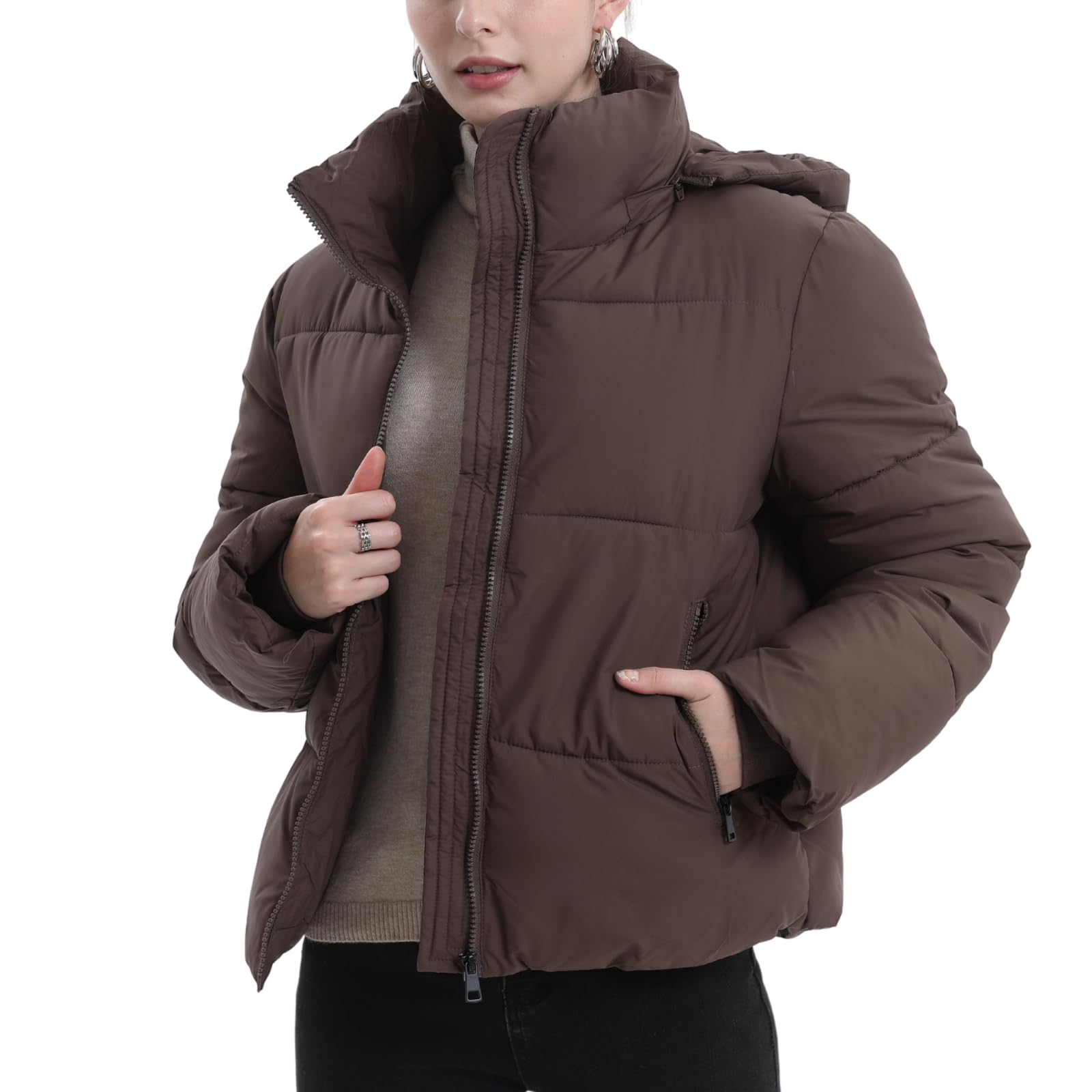 Photo 1 of (NEEDS STICHING ON ARM) PUFFIT Women's Cropped Puffer Jackets,Warm Winter Jacket with Removable Hood,Zipped Pockets,Short Ladies Quilted Coat