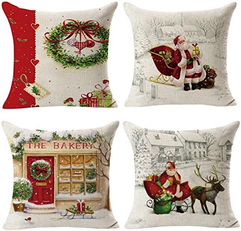 Yalasga Hot! 4PCS Christmas Pillow Case Cotton Linen Decorative Pillow Cushion Cover (D)