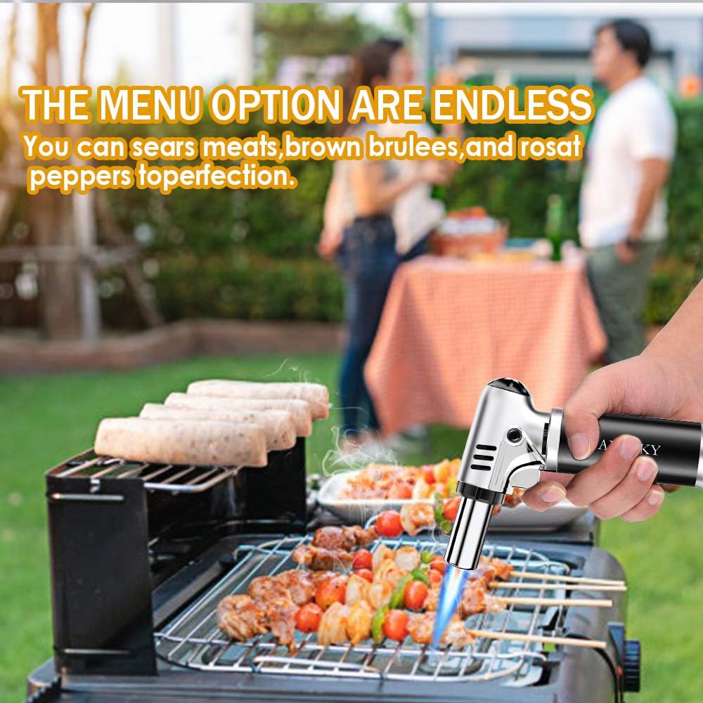 DLYM Butane Torch Lighters, kitchen torch Refillable Adjustable Flame Kitchen Torch with Safety Lock & Adjustable Flame for BBQ, Creme Brulee, Baking, DIY Soldering (Butane Gas not Included) (Silver): Home Improvement