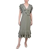 Petite Dress with Short Flutter Sleeves & Ruffle Neck by NY Collection