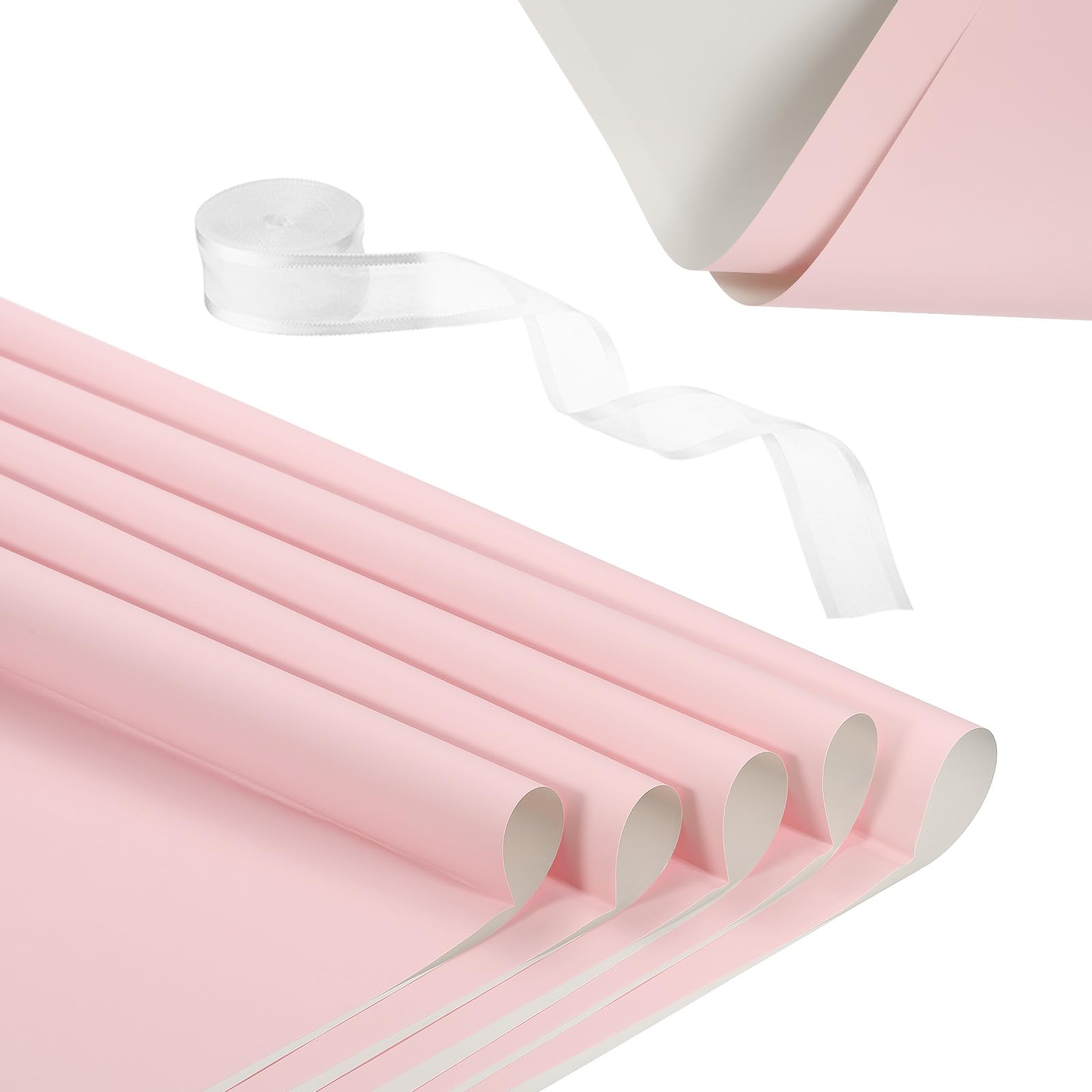 PATIKIL 20 Sheets Flower Wrapping Paper, Waterproof Flower Paper Wraps with Ribbon Floral Bouquet Supplies for DIY Crafts Packaging Bouquet, 22.8x22.8 Inch, Pale Pink/Beige