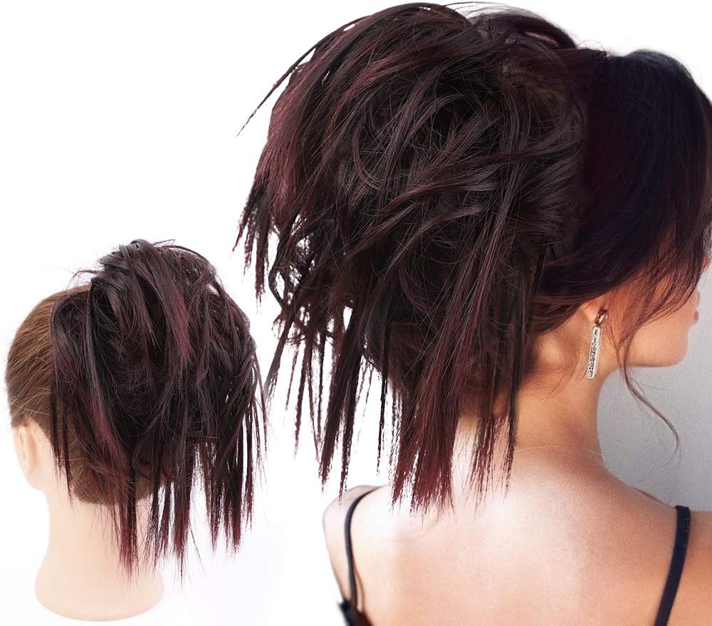 HMD Tousled Updo Messy Bun Hairpiece Hair Extension Ponytail with Elastic Rubber Band Updo Ponytail Hairpiece Synthetic Hair Extensions Scrunchies Ponytail Hairpieces for Women (Red Wine)