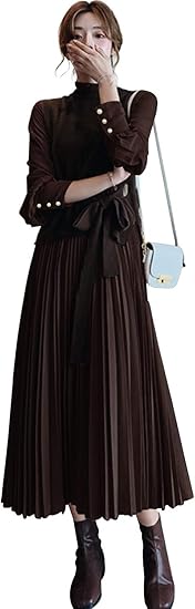 Amazon イノ Yino ロングワンピース 2点セット レディース プリーツワンピース ニット ベストトップス 春 秋 冬 着痩せ 魅力 お洒落 裏地付き 体型カバー お出掛け デート ワンピース チュニック 通販