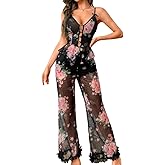 ChiaoLezhee Women's Fully Sheer Mesh Pajama Set, Romantic Floral Lounge Wear with Rhinestone Cami & Ruffle Pants