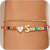 Eaciy Easter Gifts for Kids Girls - Colorful Initial Bracelets for Women 14K Gold Plated Heart Initial Letter Daint A-Z Charm Bracelet Summer Jewelry Teen Girl Gifts for Teen Kids