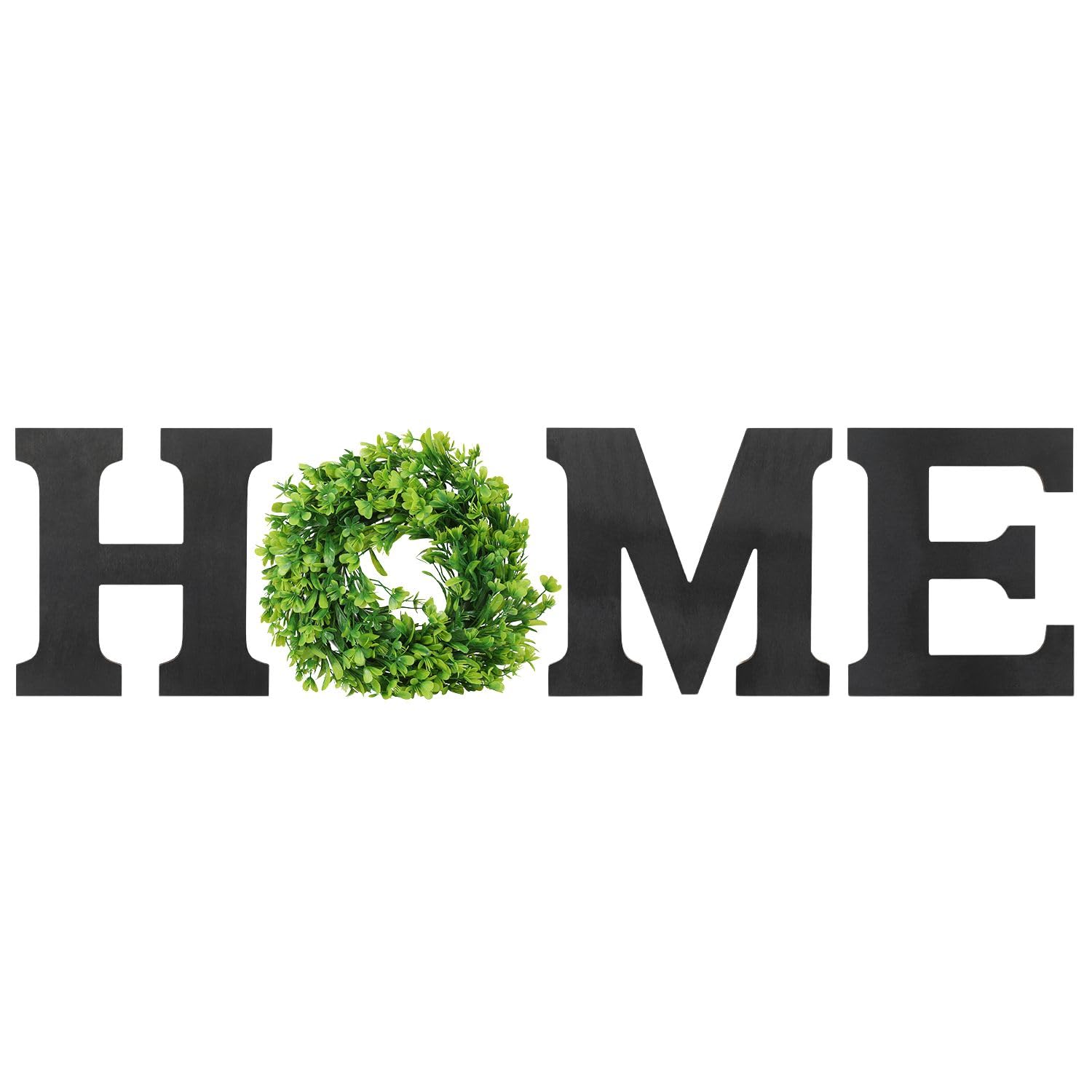 Flexzion Rustic Wooden Wall Hanging HOME D?cor Sign, Cutout Block Letters Weathered Wood With Plant Leaf Flower Circle Ring Wreath, Pediment Alphabets Plaques for House Decoration, Black|