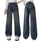 Nivne Tco Girls Baggy Jeans - Elastic Waist Retro Washed Wide Leg Denim Pants, Tween Stretchy Casual Jeans with Pockets